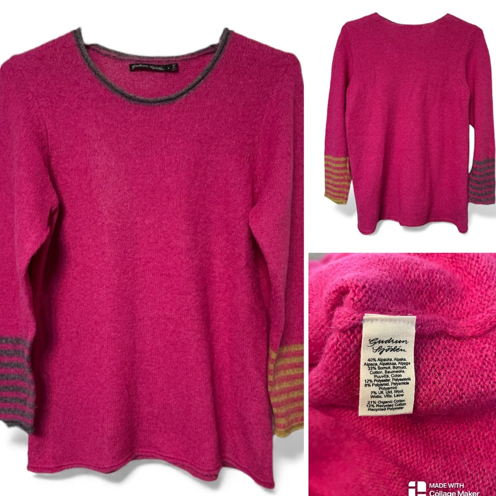 Gudrun Sjoden Fuchsia Pink Sweater with Striped Cuffs